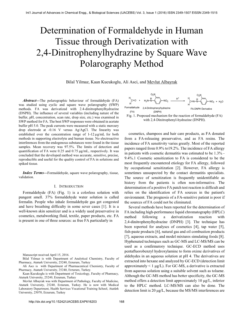 Determination of Formaldehyde in Human Tissue Through Derivatization with 2,4-Dinitrophenylhydrazine by Square Wave Polarography Method