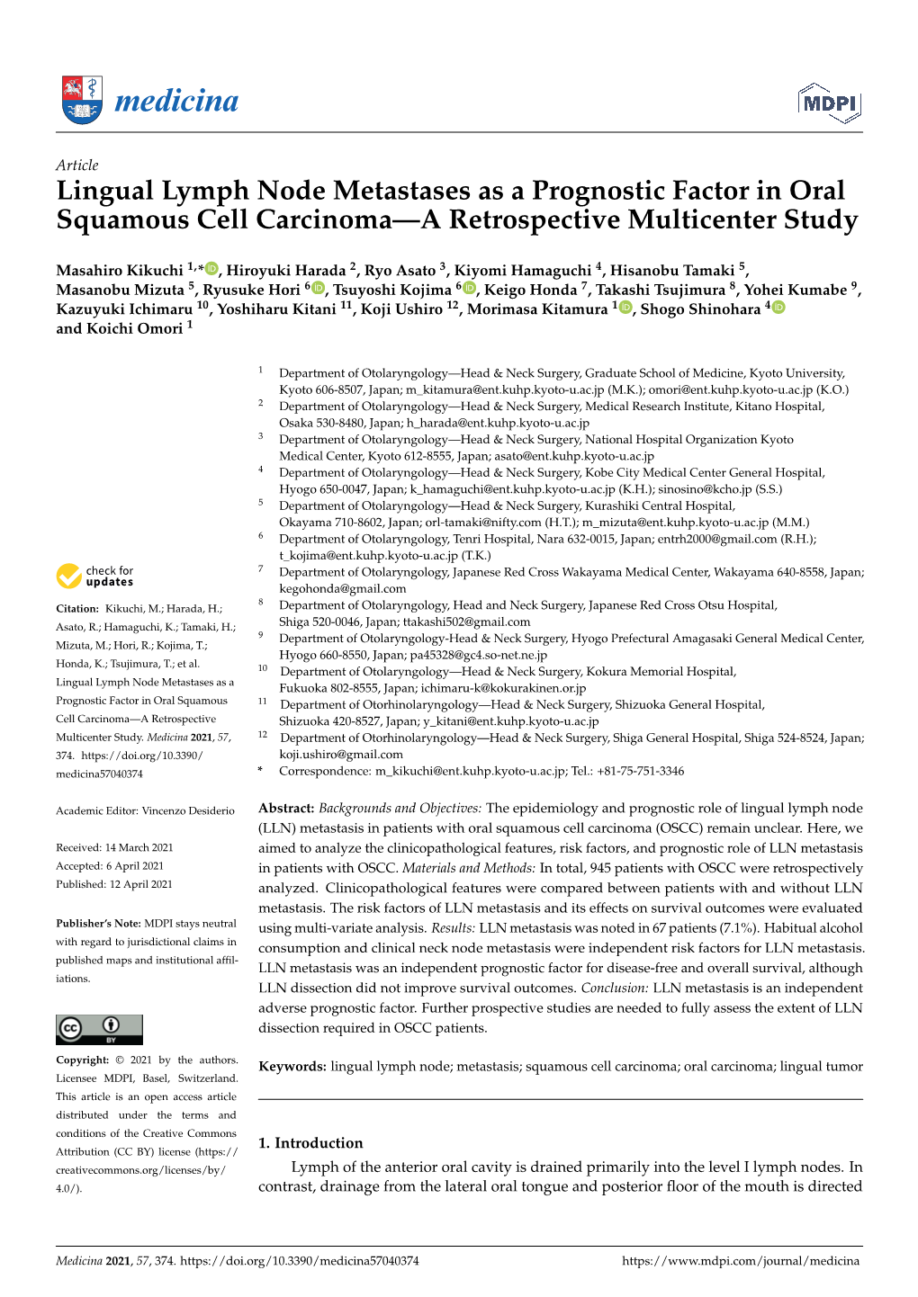 Lingual Lymph Node Metastases As a Prognostic Factor in Oral Squamous Cell Carcinoma—A Retrospective Multicenter Study