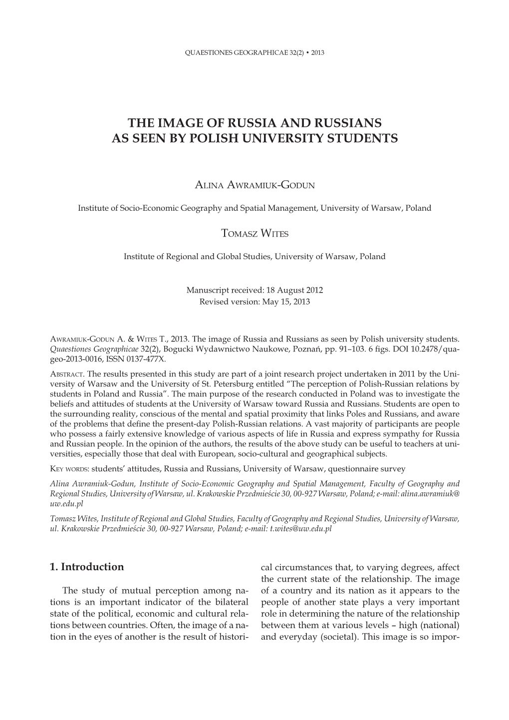 The Image of Russia and Russians As Seen by Polish University Students