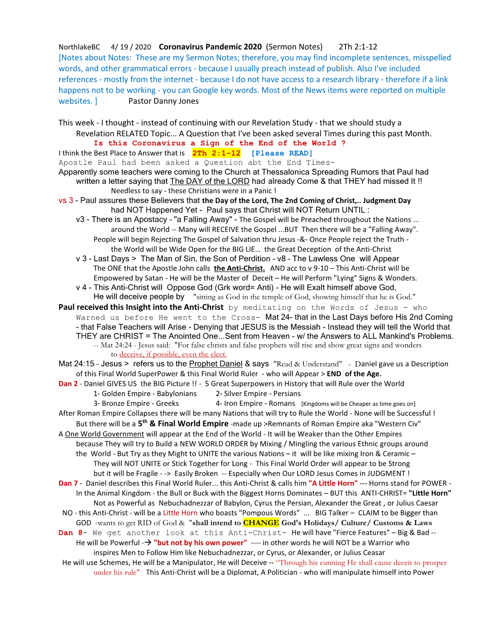 Coronavirus Pandemic 2020 (Sermon Notes) 2Th 2:1-12