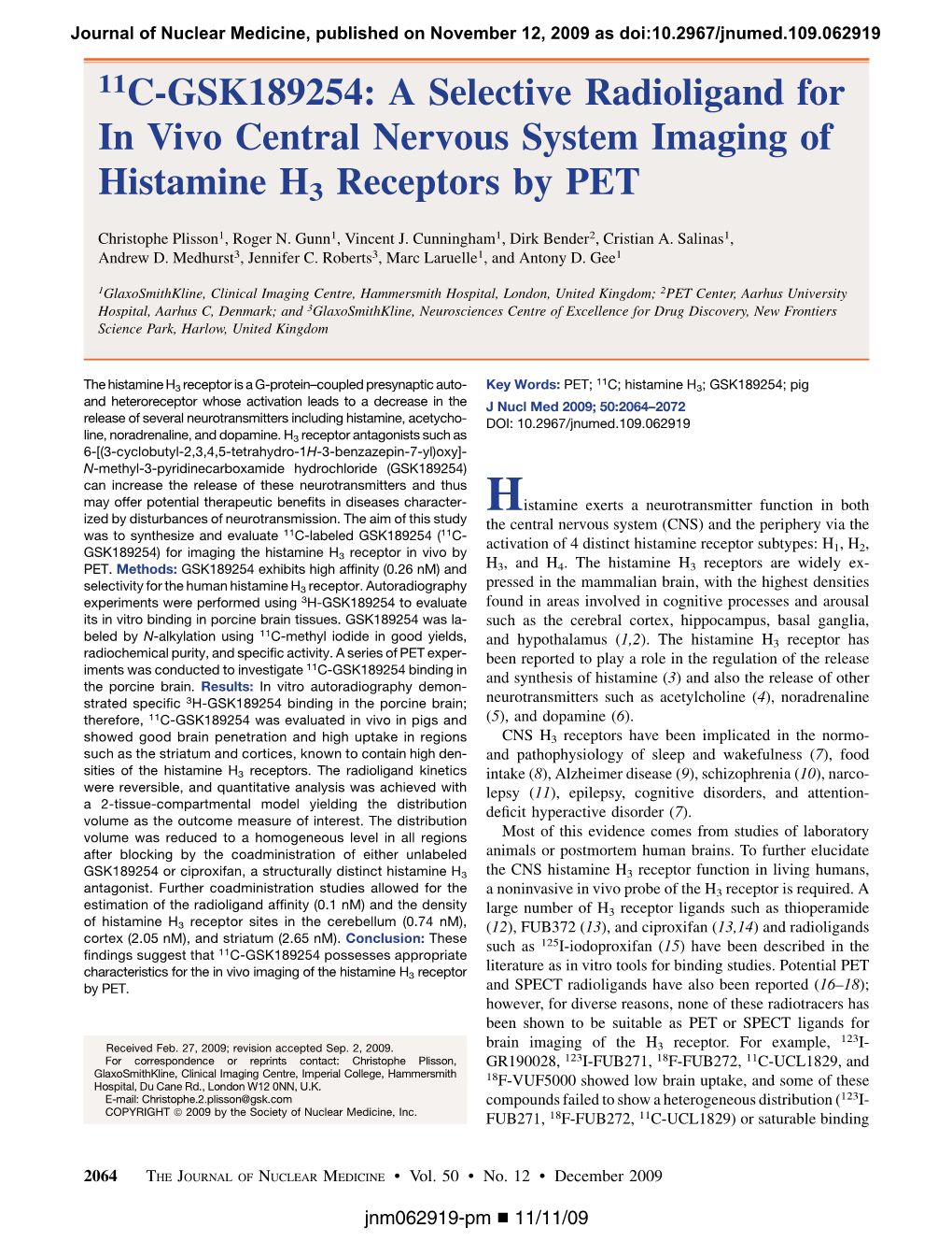 11C-GSK189254: a Selective Radioligand for in Vivo Central Nervous System Imaging of Histamine H3 Receptors by PET