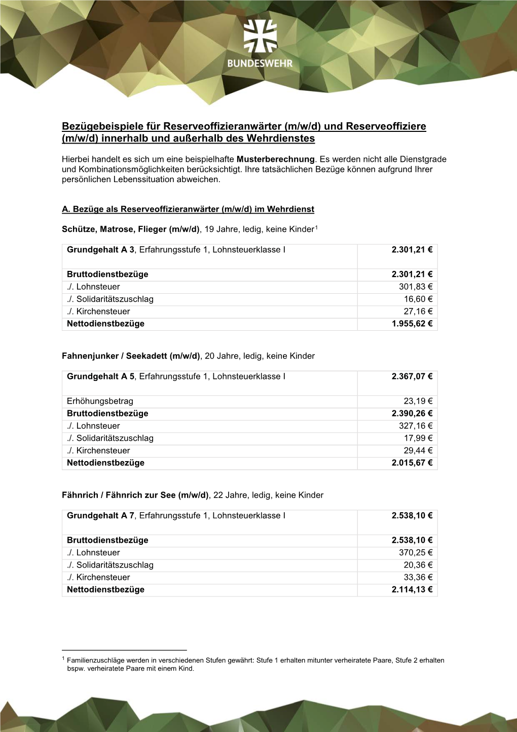 Bezügebeispiele Für Reserveoffizieranwärter (M/W/D) Und Reserveoffiziere (M/W/D) Innerhalb Und Außerhalb Des Wehrdienstes