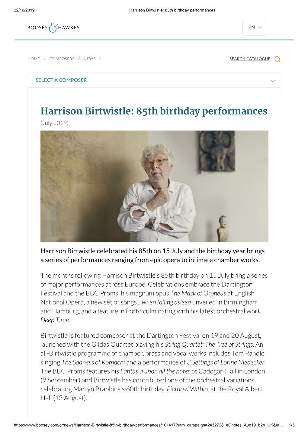 Harrison Birtwistle: 85Th Birthday Performances