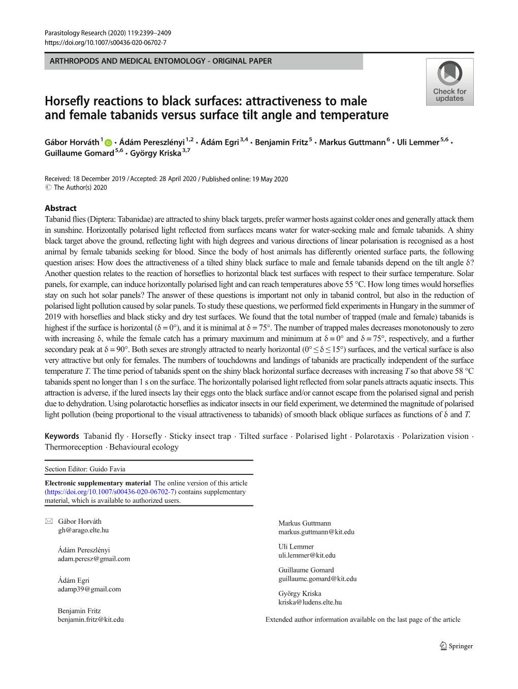 Horsefly Reactions to Black Surfaces: Attractiveness to Male and Female Tabanids Versus Surface Tilt Angle and Temperature