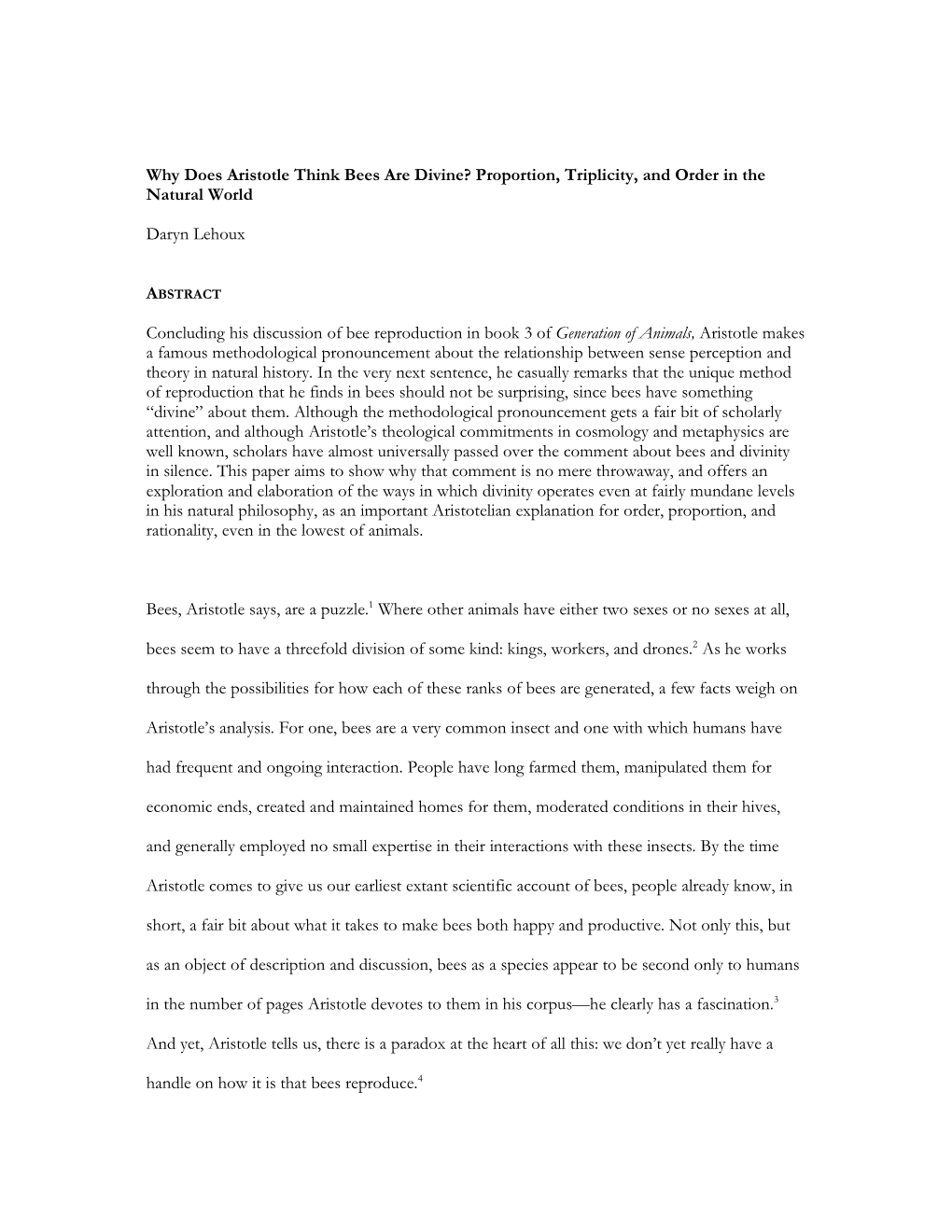 Why Does Aristotle Think Bees Are Divine? Proportion, Triplicity, and Order in the Natural World