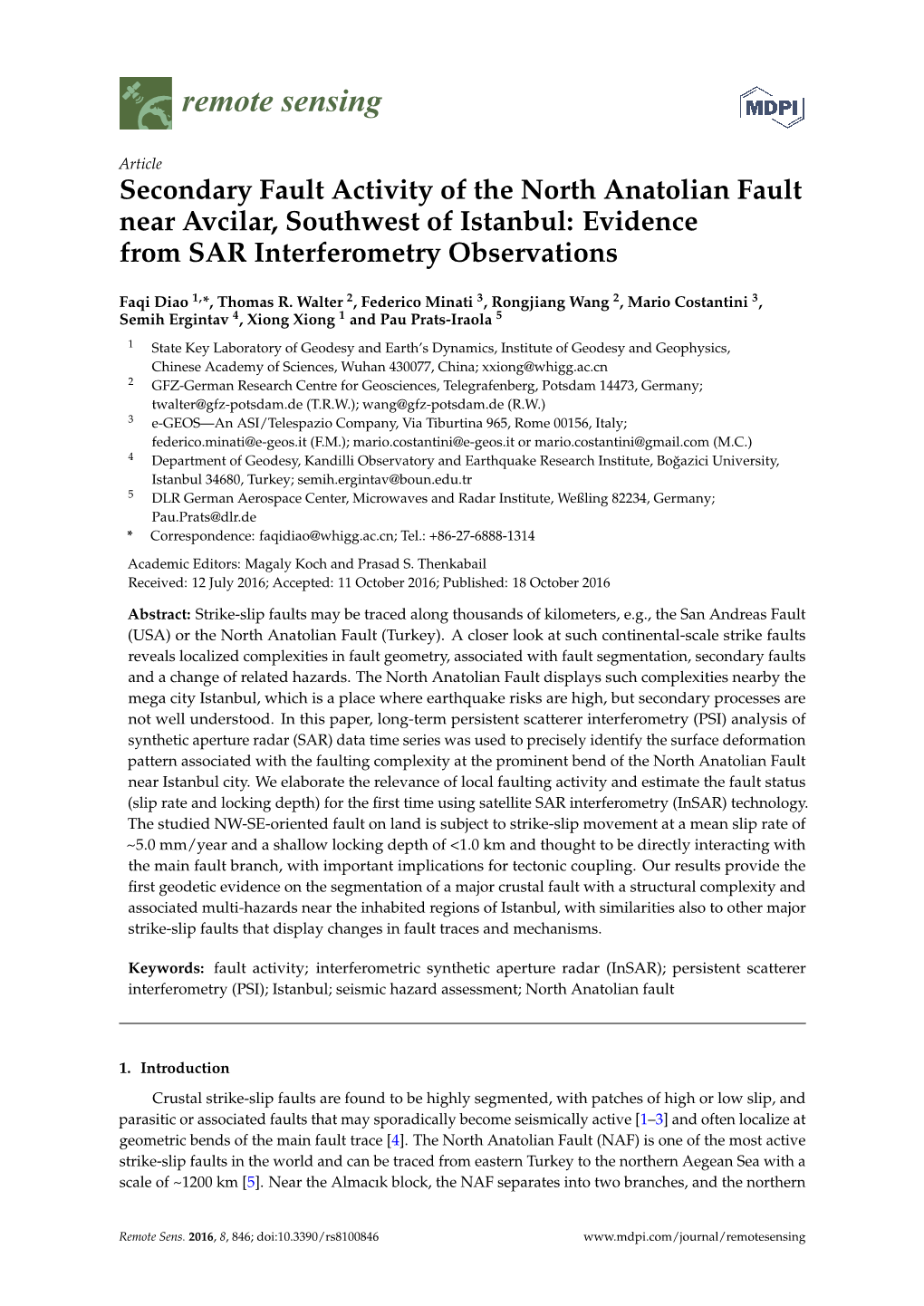 Secondary Fault Activity of the North Anatolian Fault Near Avcilar, Southwest of Istanbul: Evidence from SAR Interferometry Observations