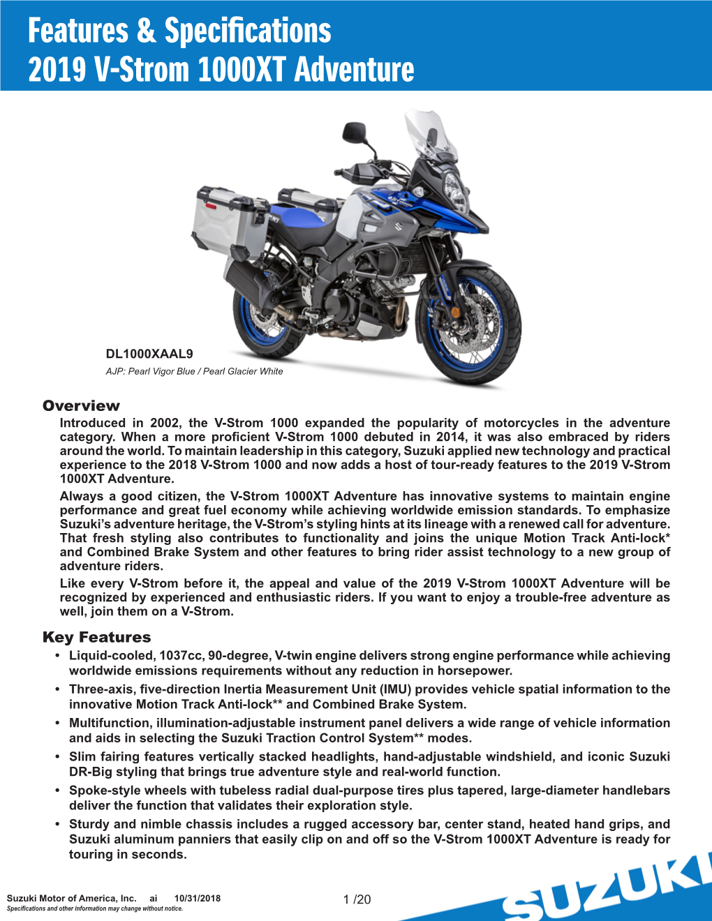 Features & Specifications 2019 V-Strom 1000XT Adventure