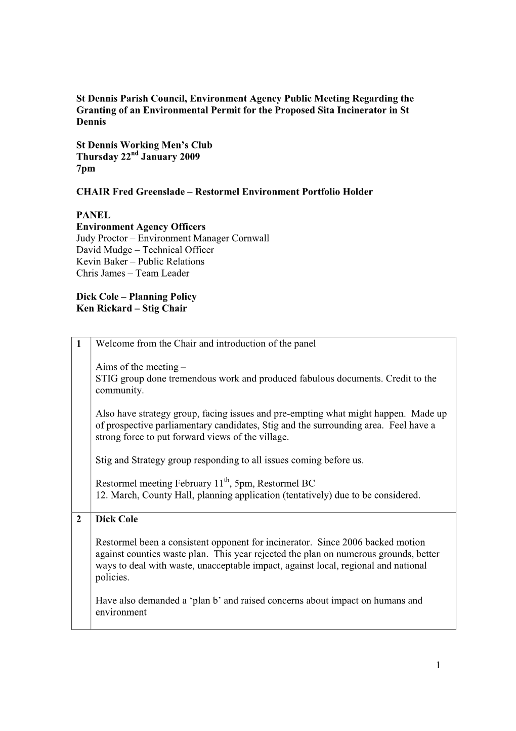 1 St Dennis Parish Council, Environment Agency Public Meeting Regarding the Granting of an Environmental Permit for the Proposed