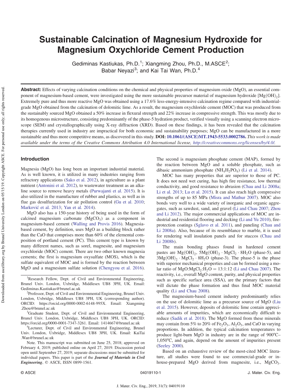 Sustainable Calcination of Magnesium Hydroxide for Magnesium Oxychloride Cement Production