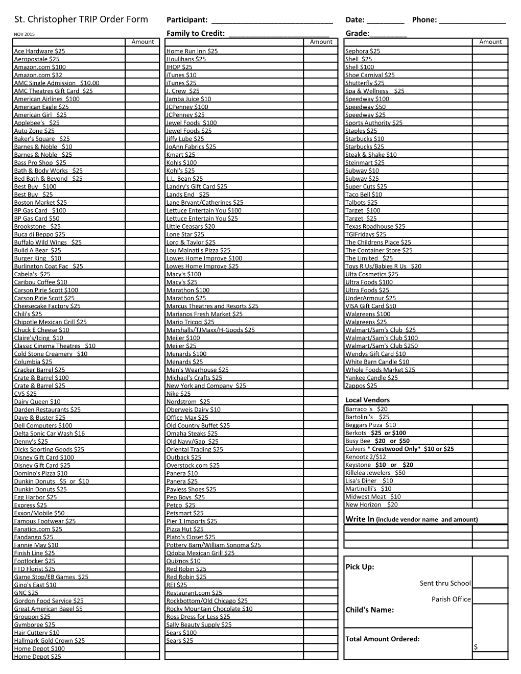 St. Christopher TRIP Order Form Participant: ______Date: ______Phone: ______