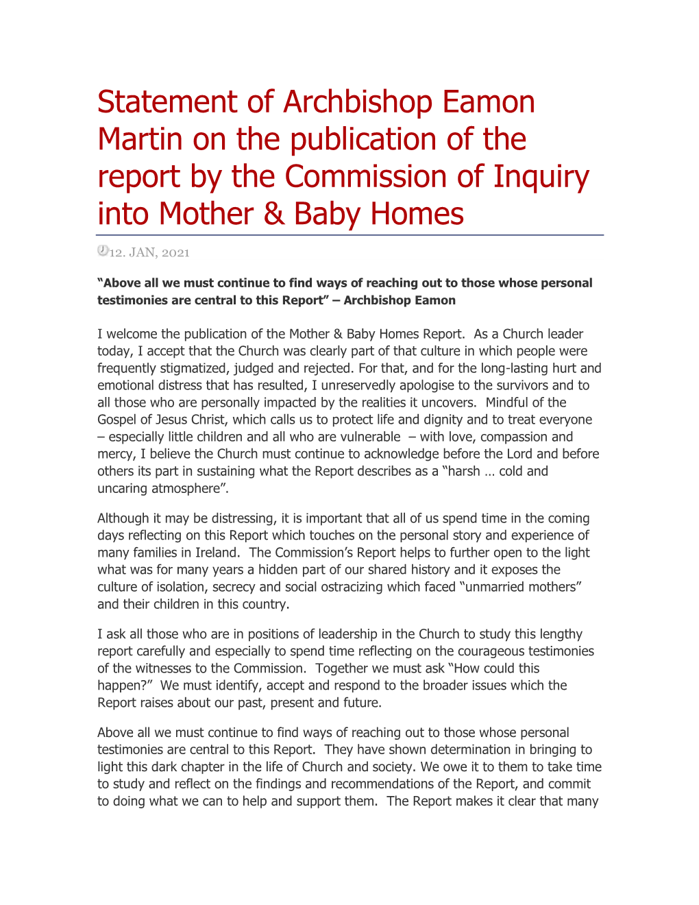 Statement of Archbishop Eamon Martin on the Publication of the Report by the Commission of Inquiry Into Mother & Baby Homes