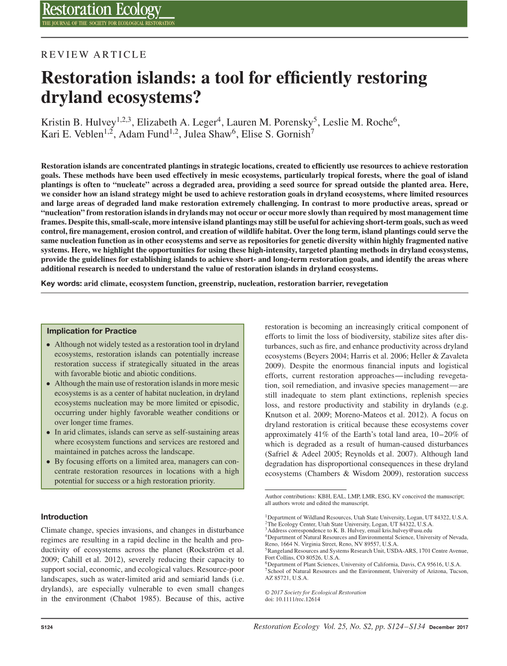 Restoration Islands: a Tool for Efficiently Restoring Dryland Ecosystems? Kristin B