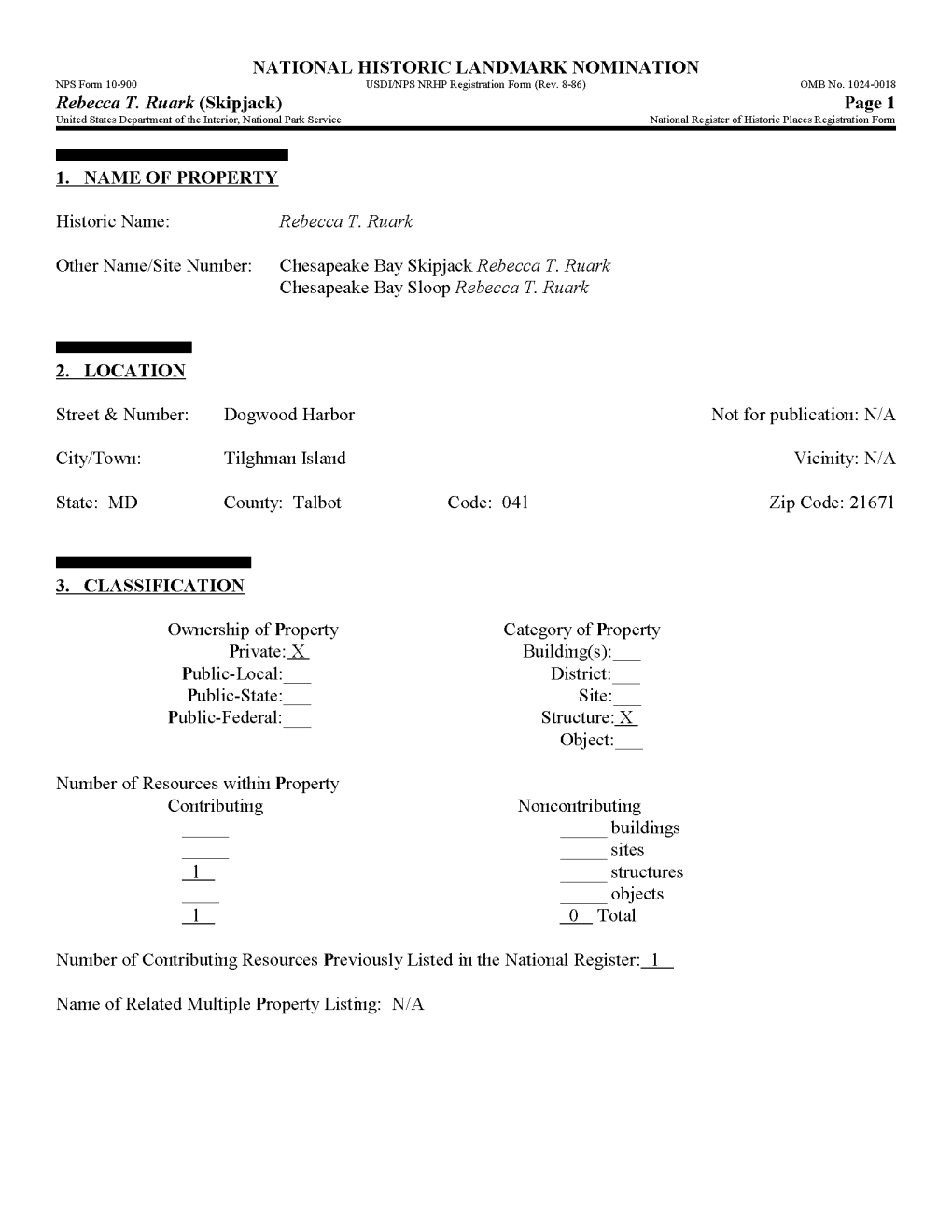 Rebecca T. Ruark (Skipjack) Page 1 United States Department of the Interior, National Park Service National Register of Historic Places Registration Form