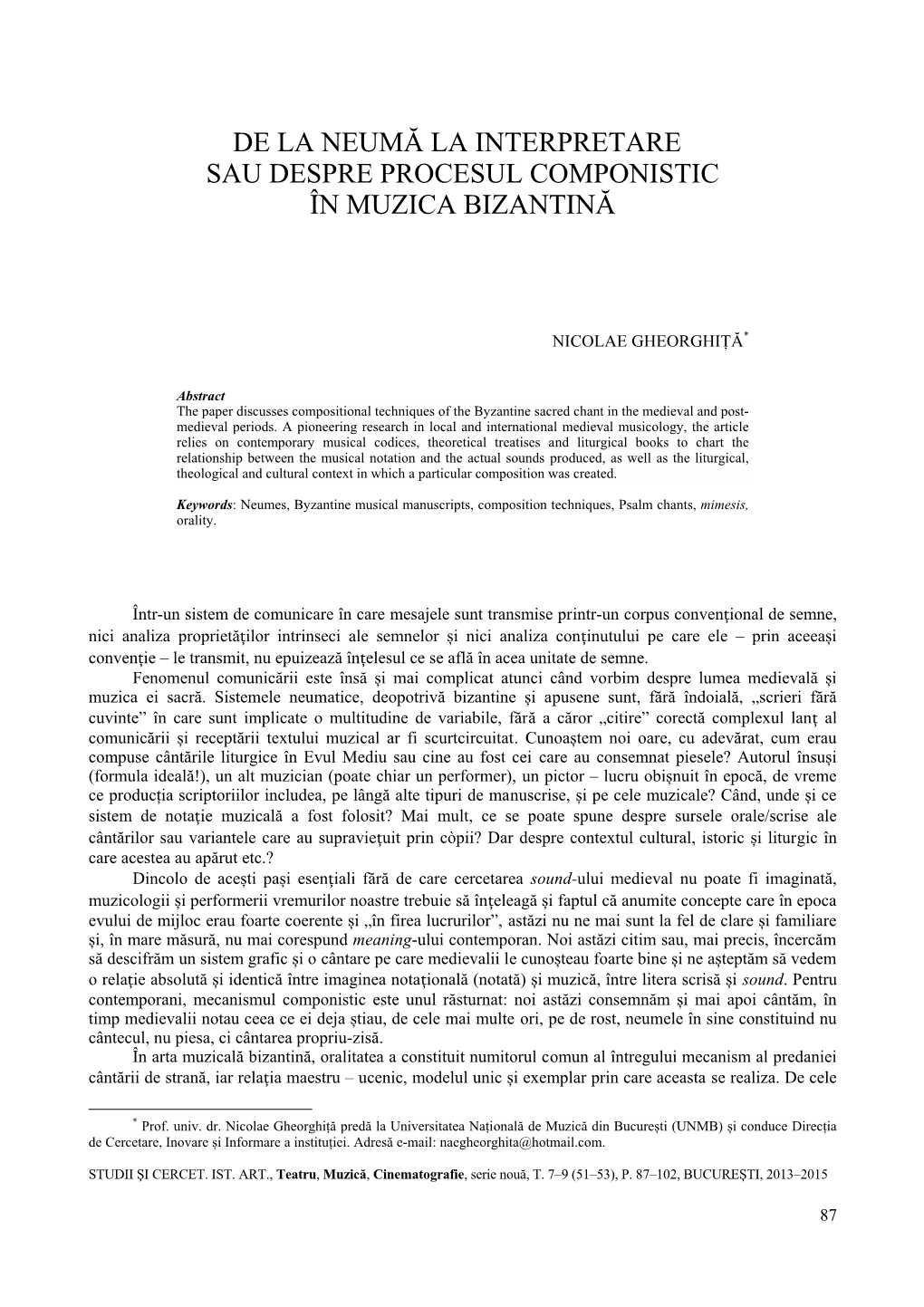 De La Neumă La Interpretare Sau Despre Procesul Componistic În Muzica Bizantină