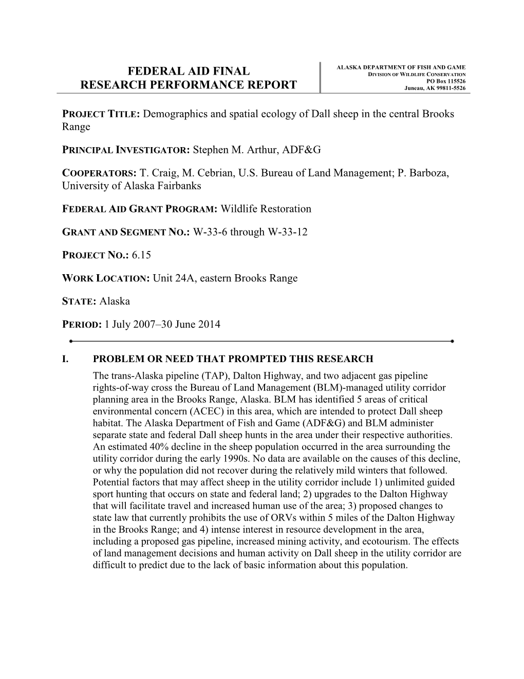 Demographics and Spatial Ecology of Dall Sheep in the Central Brooks Range