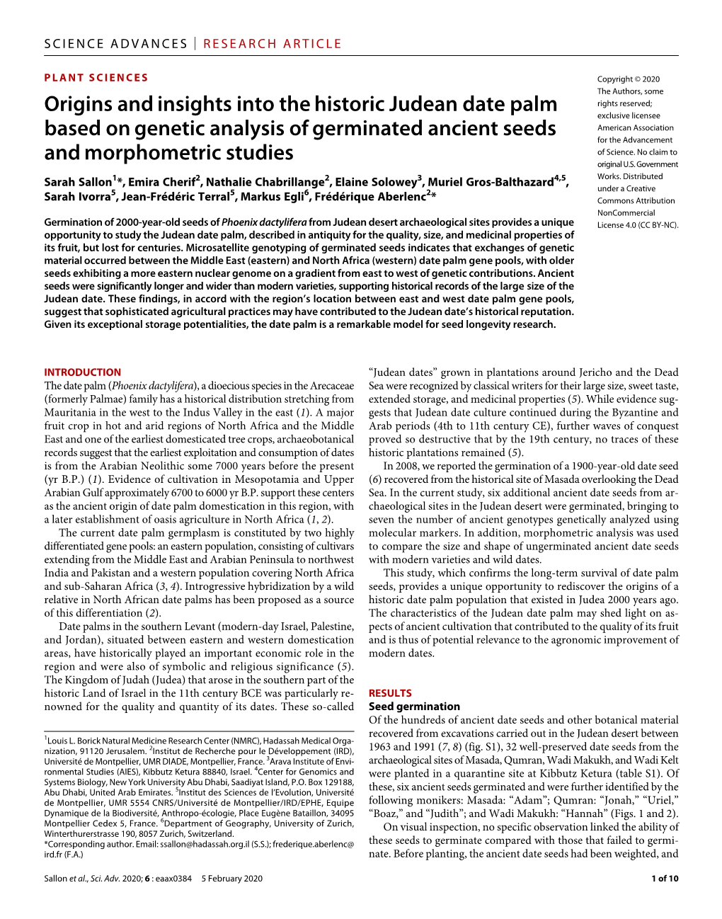 Origins and Insights Into the Historic Judean Date Palm Based on Genetic Analysis of Germinated Ancient Seeds and Morphometric S