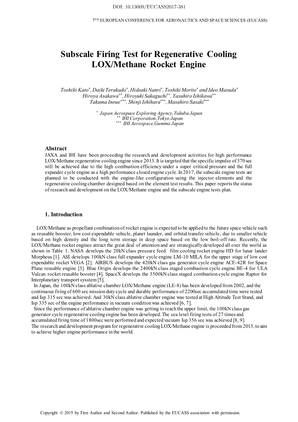 Subscale Firing Test for Regenerative Cooling LOX/Methane Rocket Engine