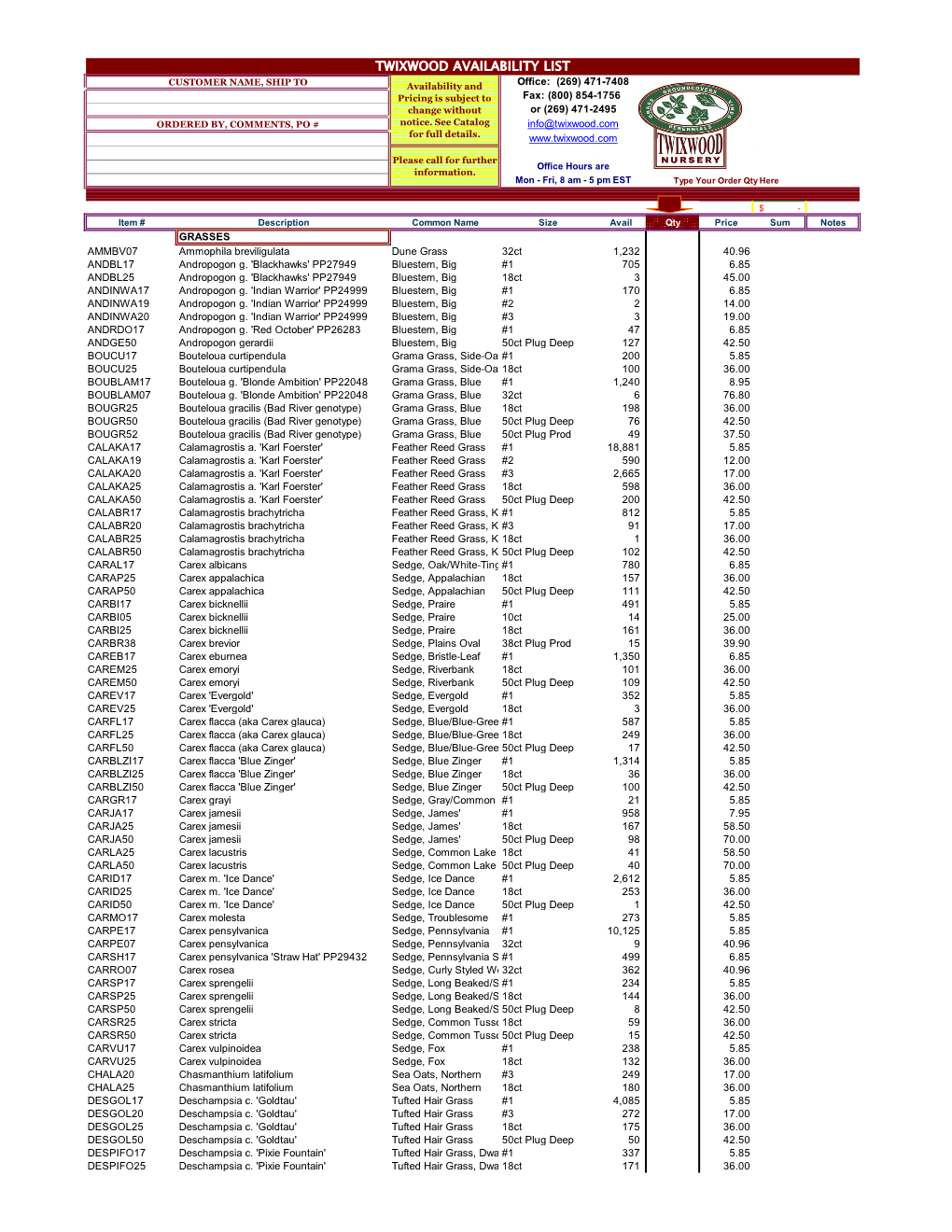 Twixwood Availability List