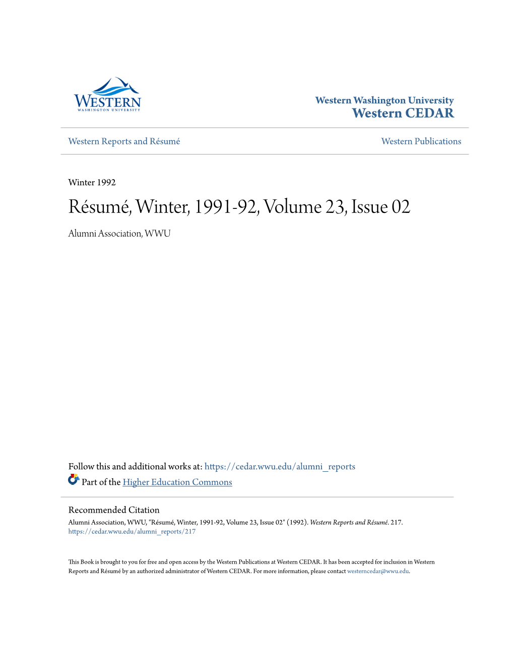 Résumé, Winter, 1991-92, Volume 23, Issue 02 Alumni Association, WWU