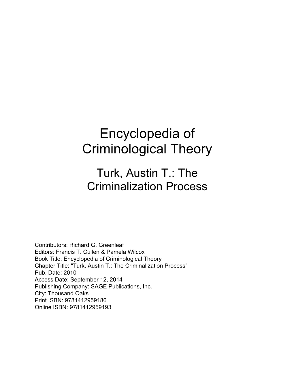 Turk, Austin T.: the Criminalization Process