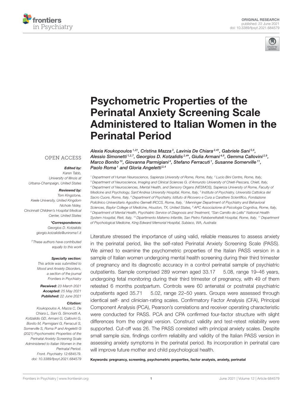 Psychometric Properties of the Perinatal Anxiety Screening Scale Administered to Italian Women in the Perinatal Period