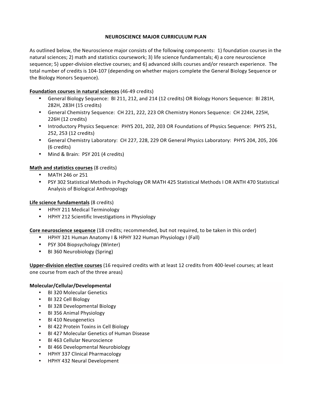 NEUROSCIENCE MAJOR CURRICULUM PLAN As Outlined