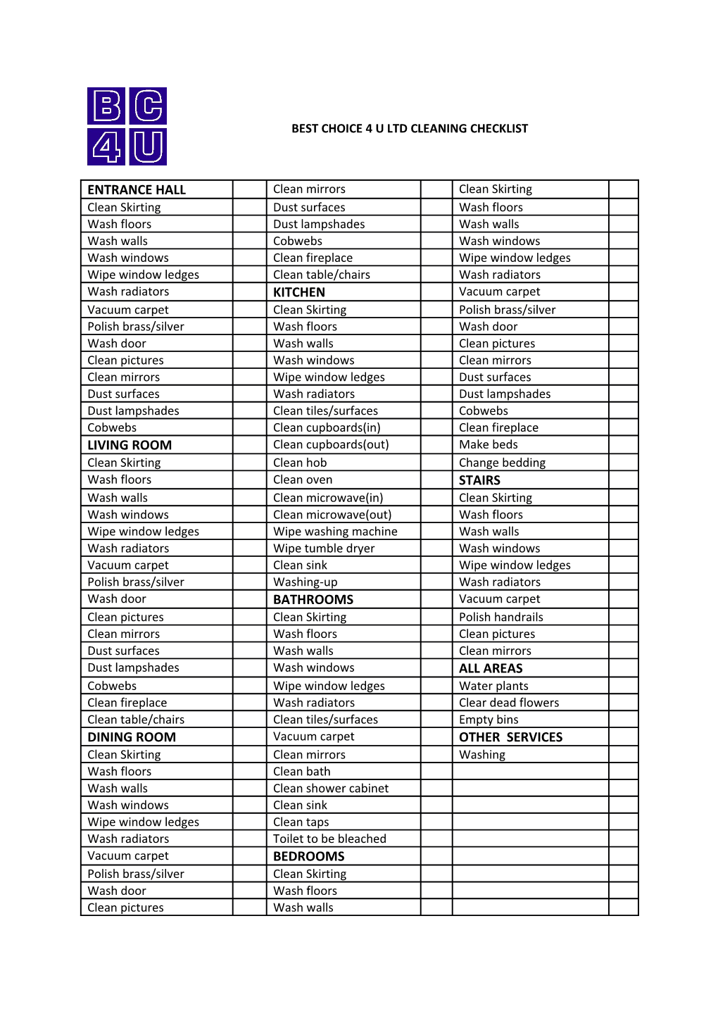 Best Choice 4 U Ltd Cleaning Checklist