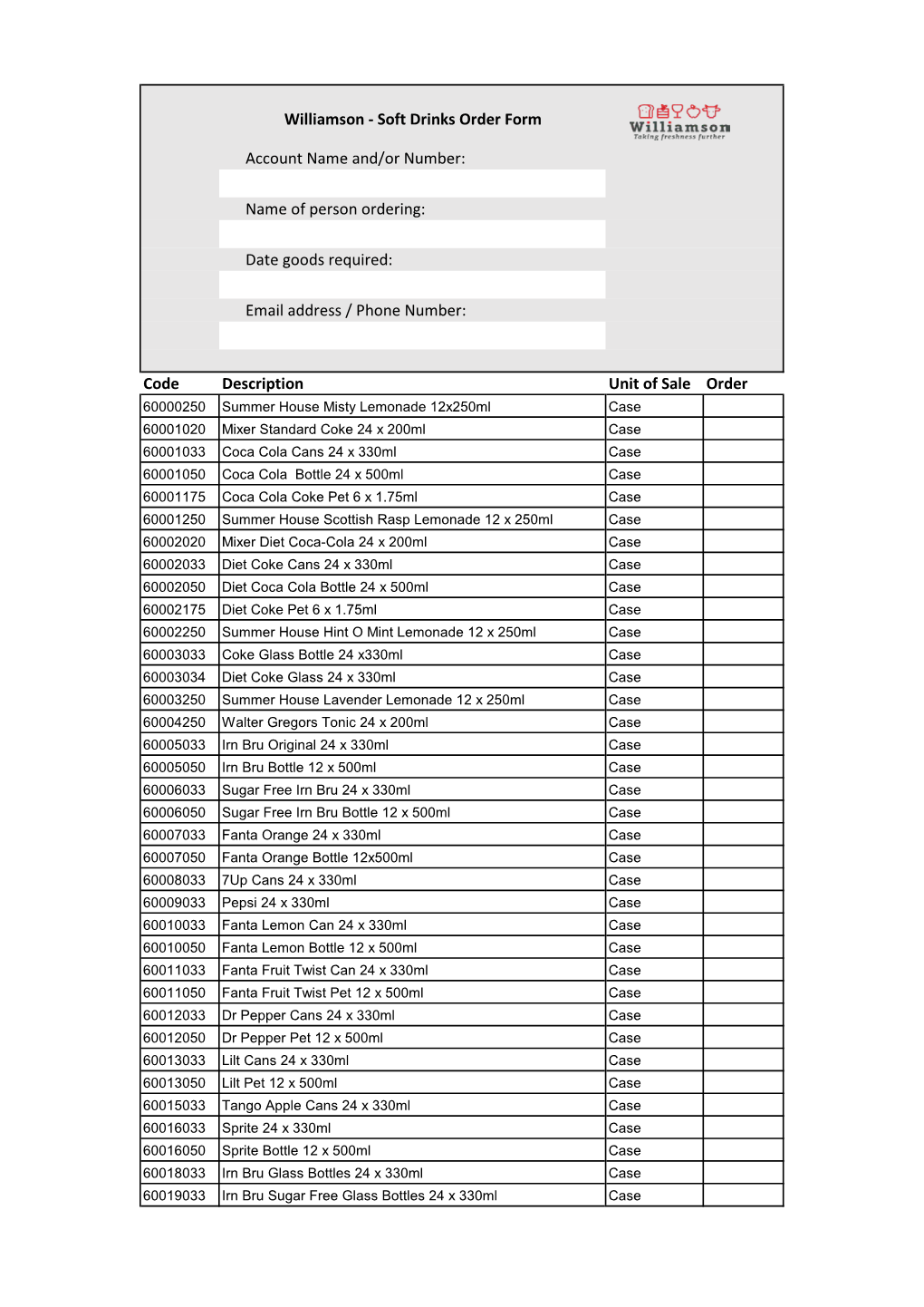 Soft Drinks Order Form