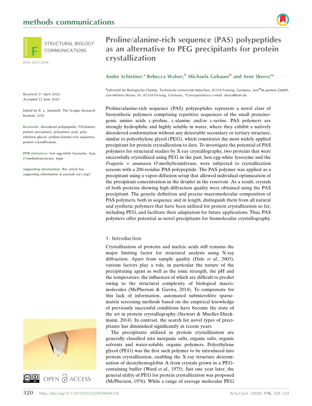 Proline/Alanine-Rich Sequence (PAS) Polypeptides As an Alternative to PEG Precipitants for Protein Crystallization ISSN 2053-230X