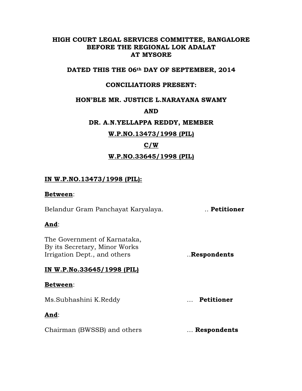 Regional Lok Adalat Proceedings Dated 06-09-2014
