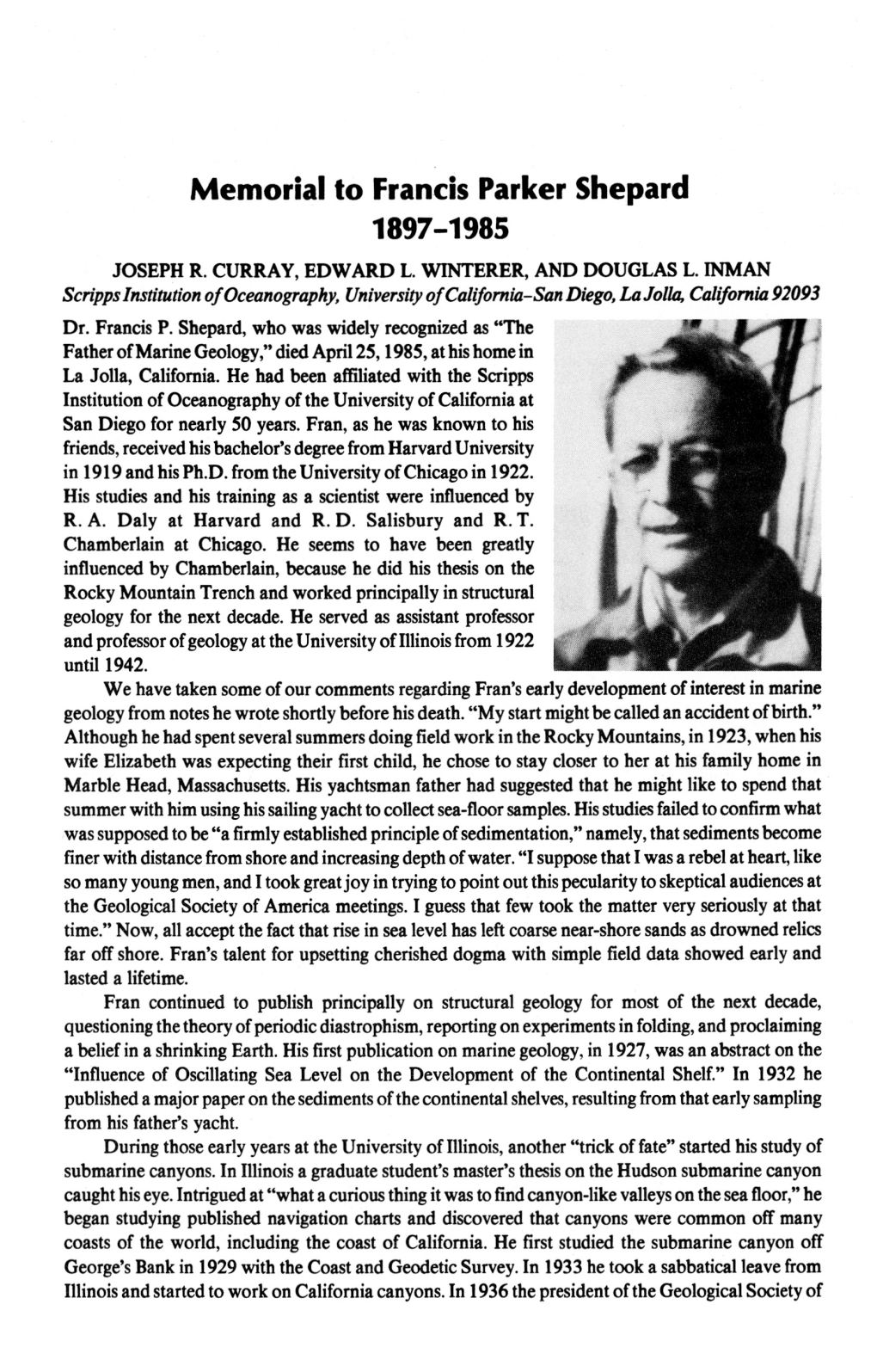 Memorial to Francis Parker Shepard 1897-1985 JOSEPH R