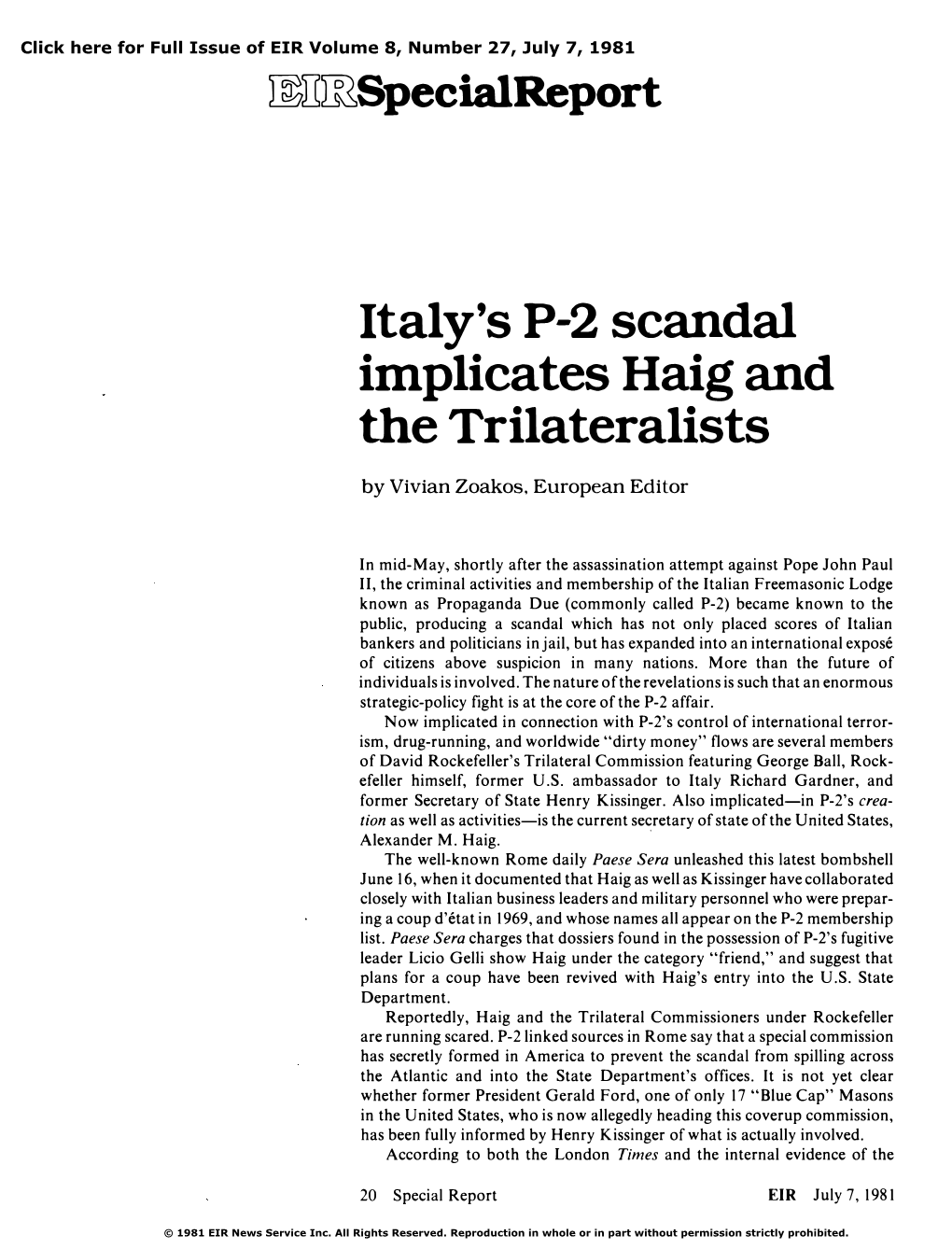 Italy's P-2 Scandal Implicates Haig and the Trilateralists