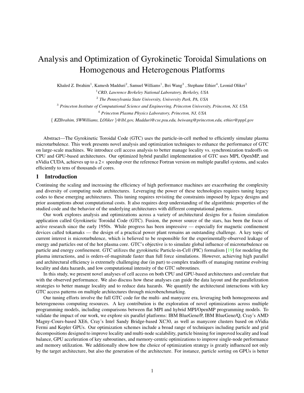 Analysis and Optimization of Gyrokinetic Toroidal Simulations on Homogenous and Heterogenous Platforms