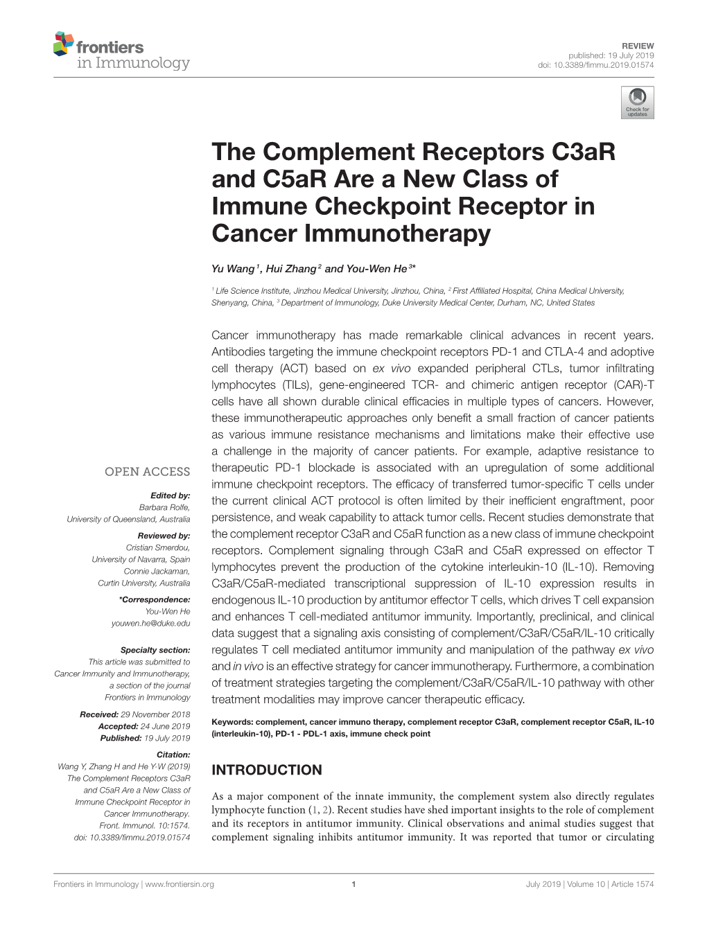 The Complement Receptors C3ar and C5ar Are a New Class of Immune Checkpoint Receptor in Cancer Immunotherapy
