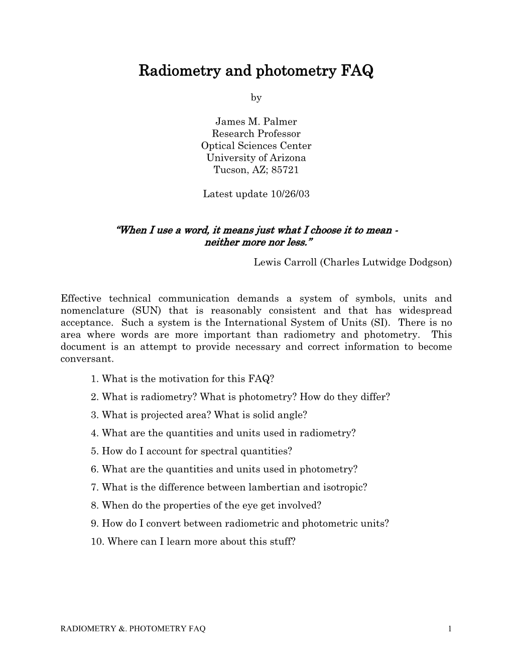 Radiometry and Photometry FAQ