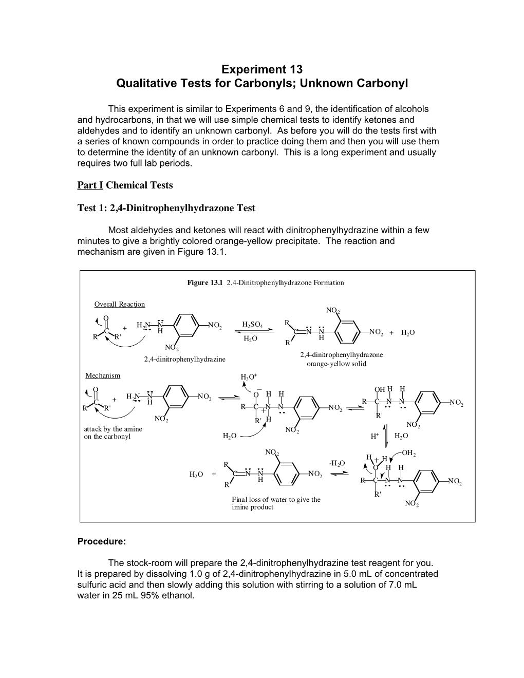 Experiment 13 Qualitative Tests for Carbonyls; Unknown Carbonyl