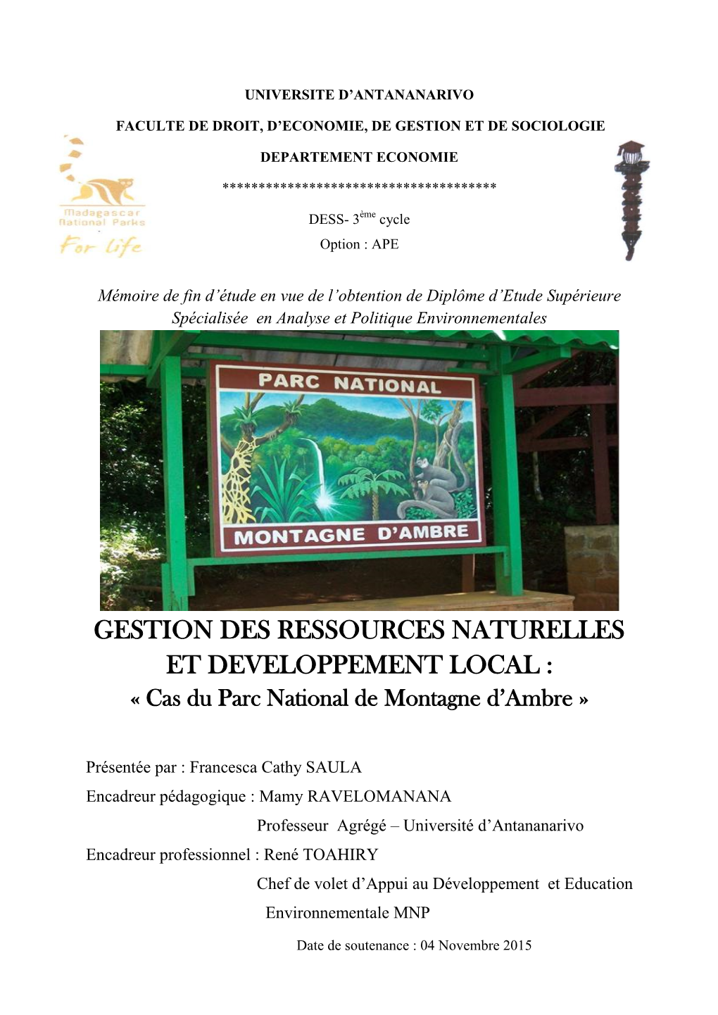 GESTION DES RESSOURCES NATURELLES ET DEVELOPPEMENT LOCAL : « Cas Du Parc National De Montagne D’Ambre »