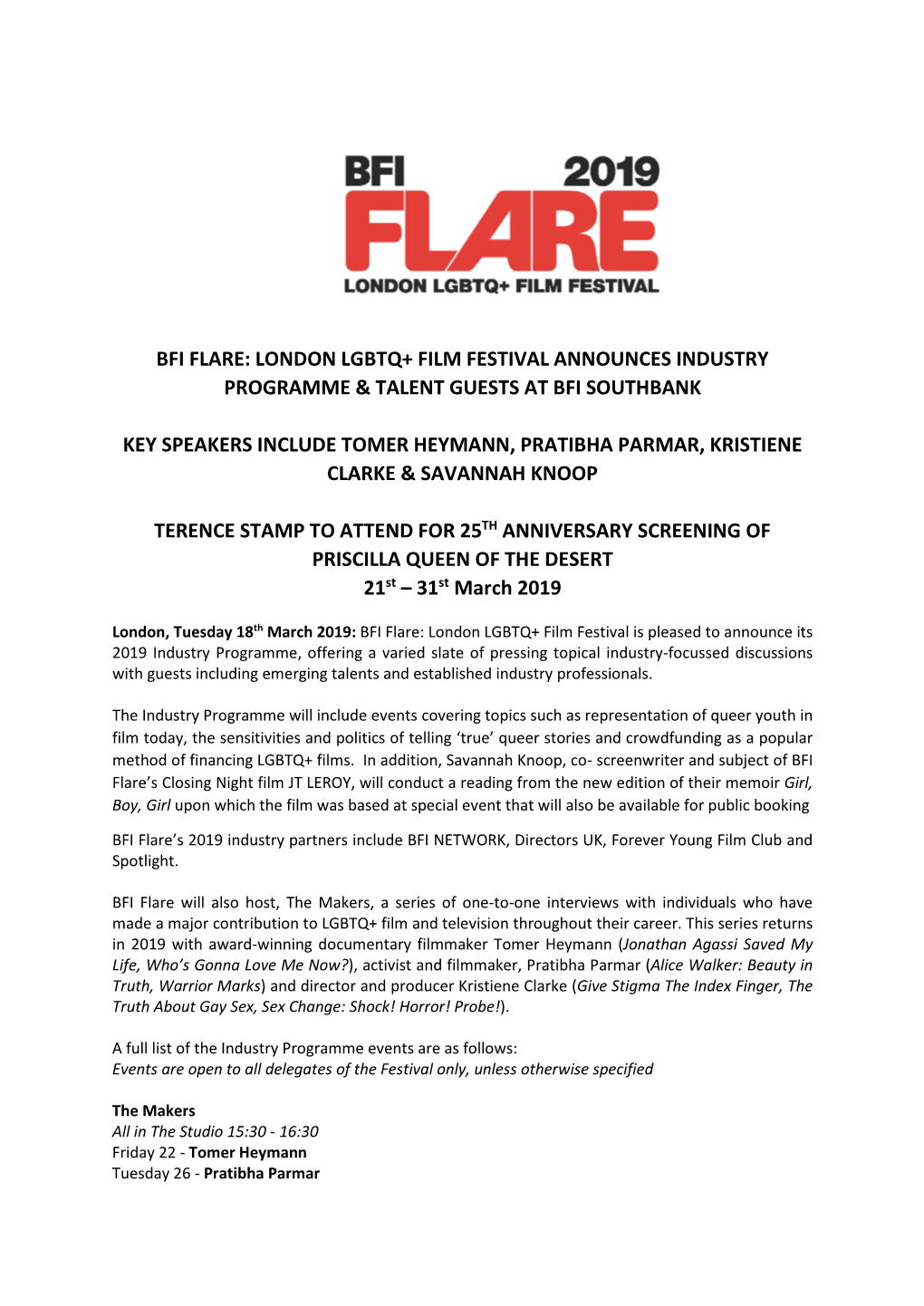 Bfi Flare: London Lgbtq+ Film Festival Announces Industry Programme & Talent Guests at Bfi Southbank Key Speakers Include To