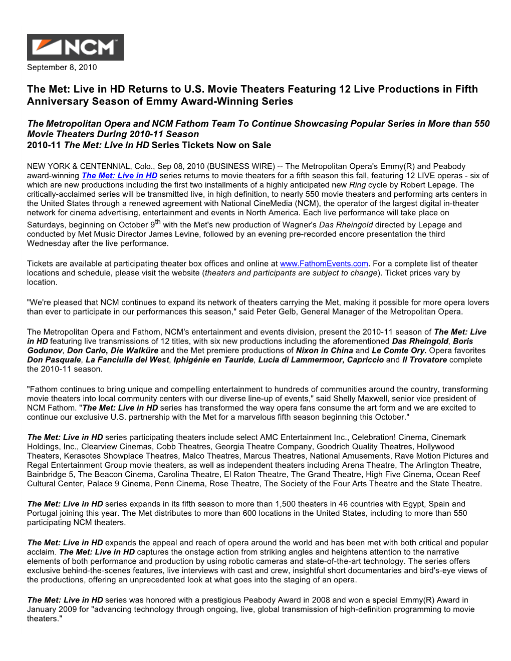 The Met: Live in HD Returns to U.S. Movie Theaters Featuring 12 Live Productions in Fifth Anniversary Season of Emmy Award-Winning Series