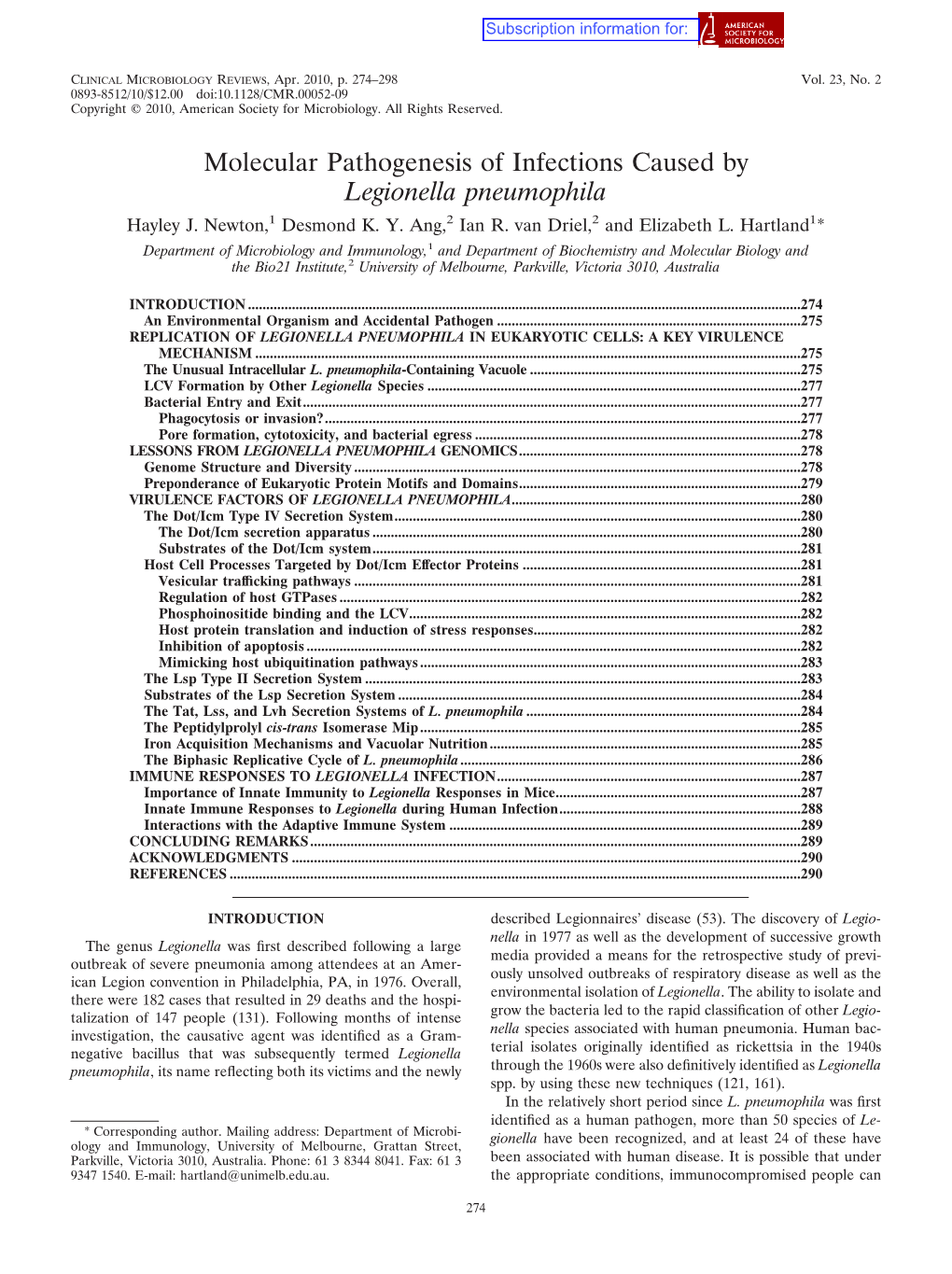 Molecular Pathogenesis of Infections Caused by Legionella Pneumophila Hayley J