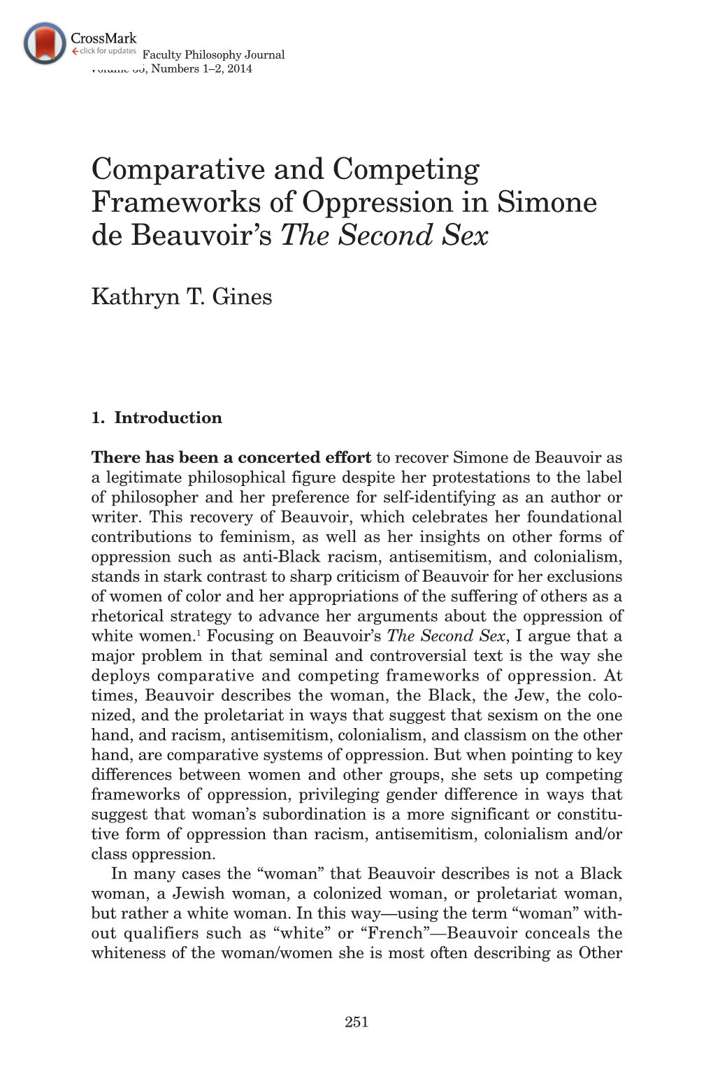 Comparative and Competing Frameworks of Oppression in Simone De Beauvoir’S the Second Sex