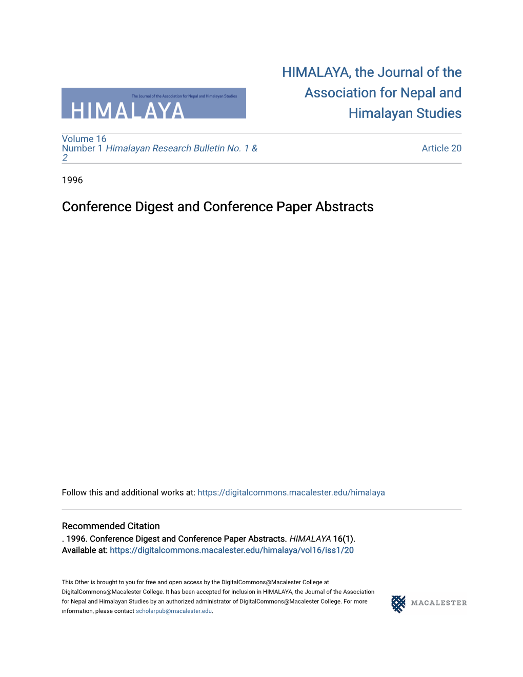 Conference Digest and Conference Paper Abstracts