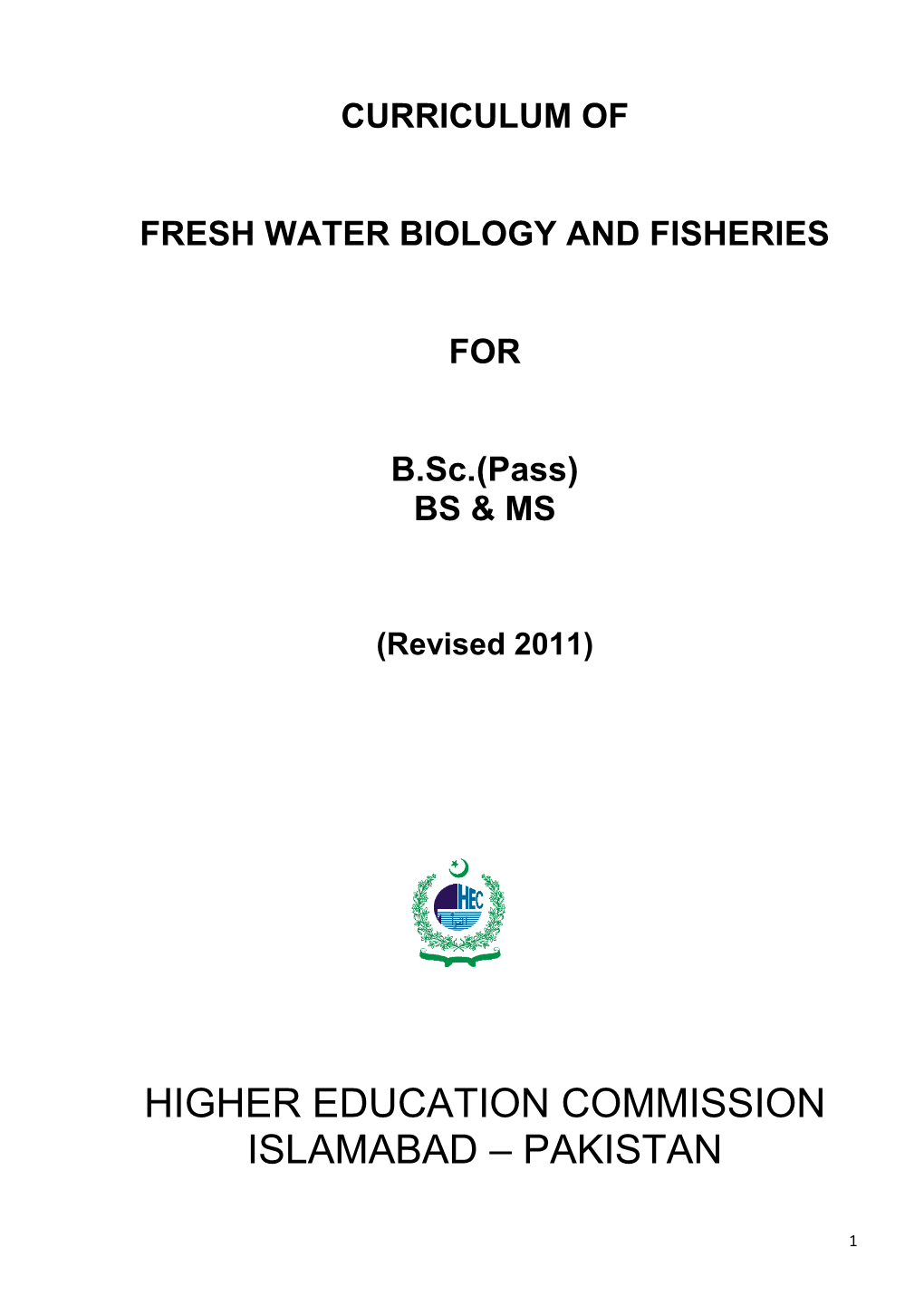 Curriculum of Fresh Water Biology and Fisheries for B
