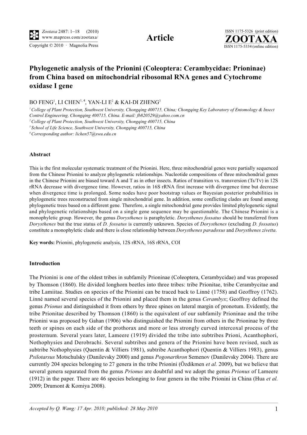 Zootaxa, Phylogenetic Analysis of the Prionini (Coleoptera