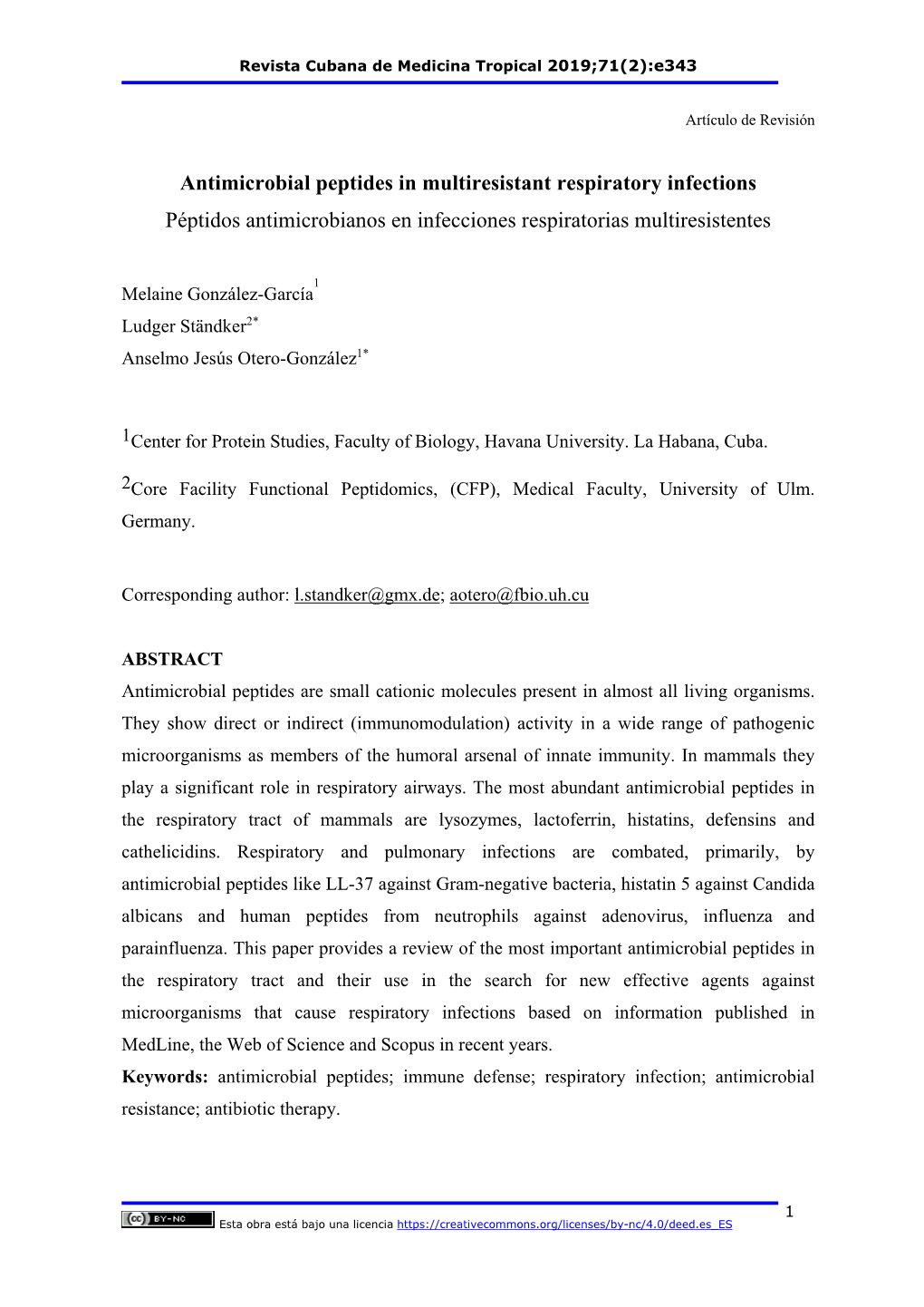 Antimicrobial Peptides in Multiresistant Respiratory Infections Péptidos Antimicrobianos En Infecciones Respiratorias Multiresistentes