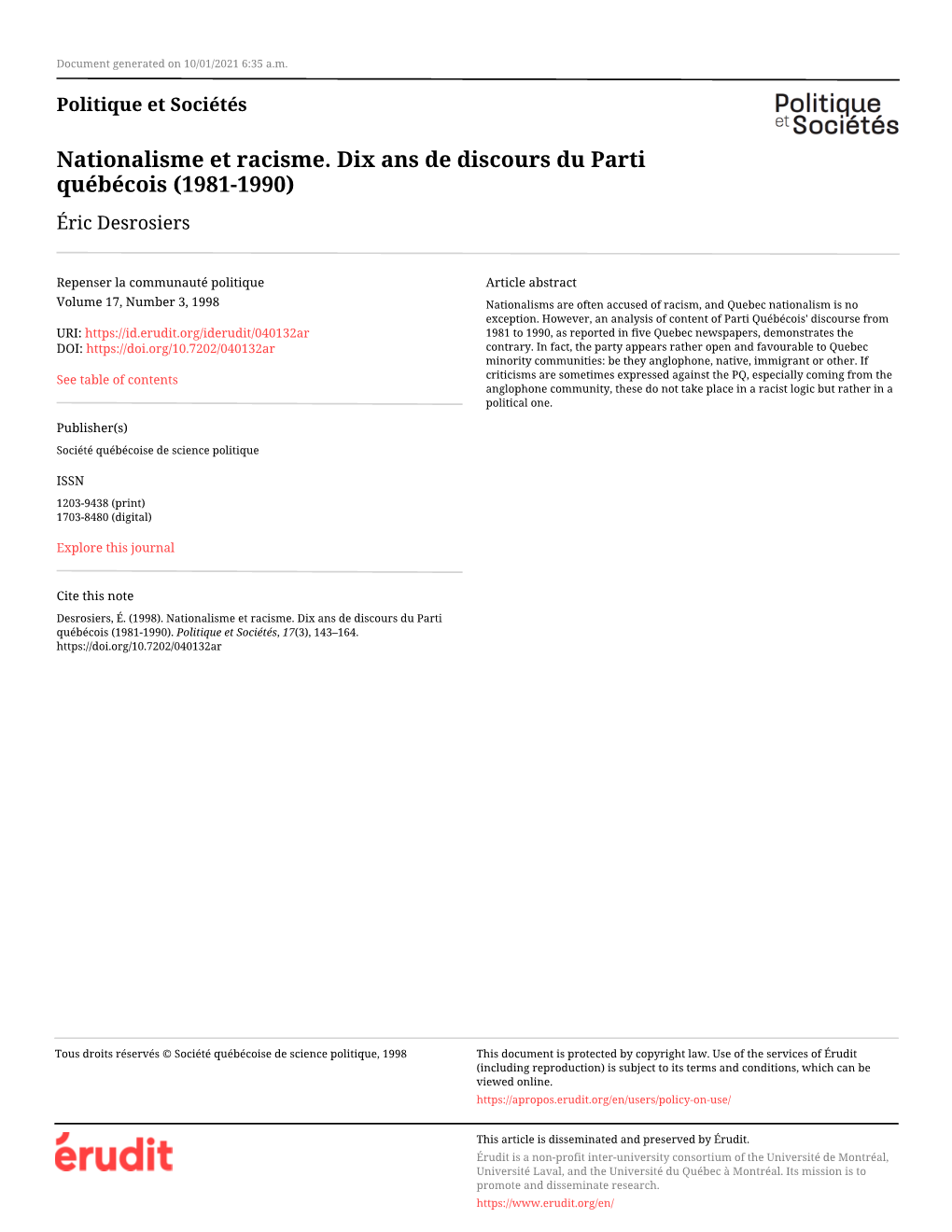 Nationalisme Et Racisme. Dix Ans De Discours Du Parti Québécois (1981-1990) Éric Desrosiers