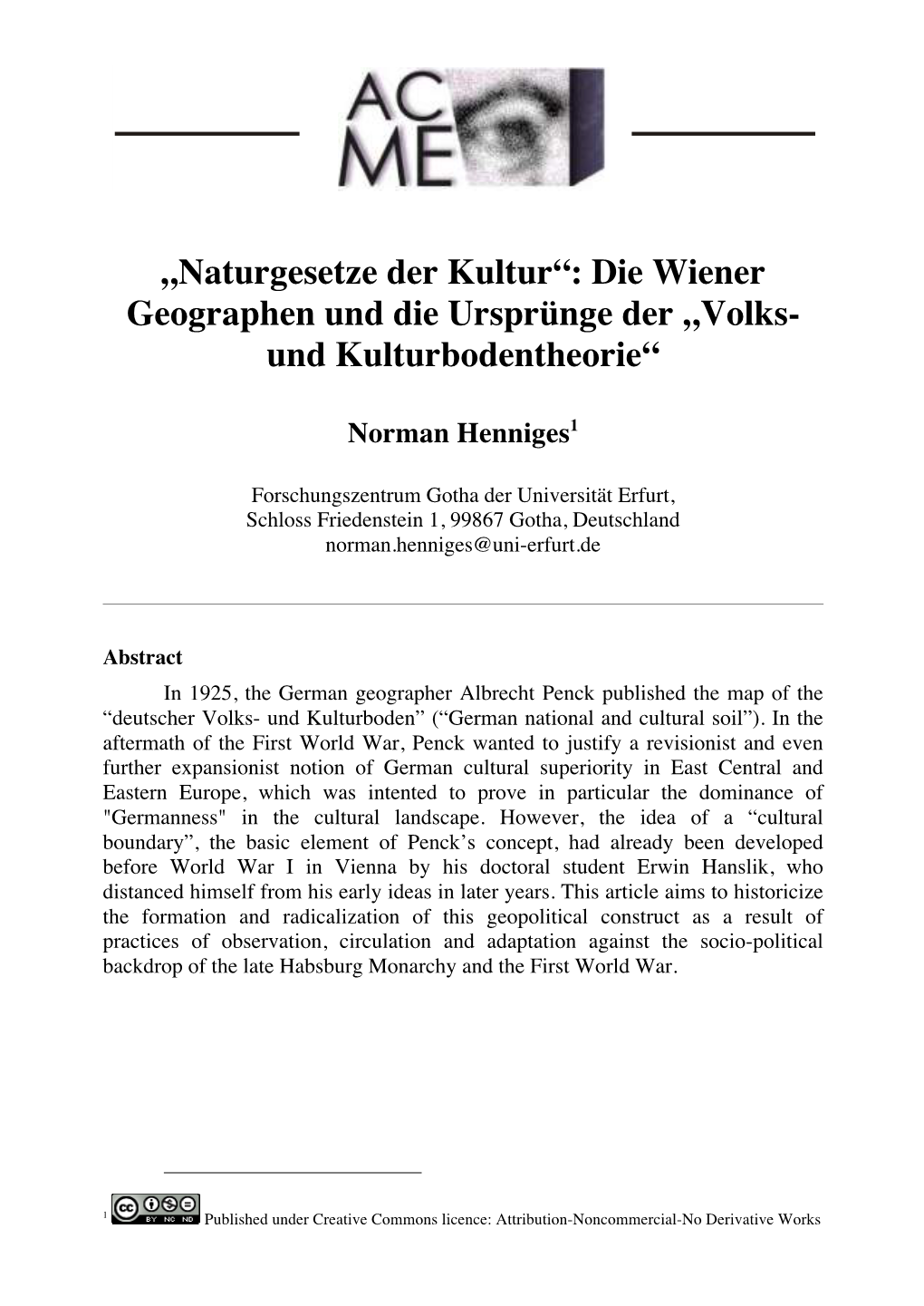 „Naturgesetze Der Kultur“: Die Wiener Geographen Und Die Ursprünge Der „Volks- Und Kulturbodentheorie“
