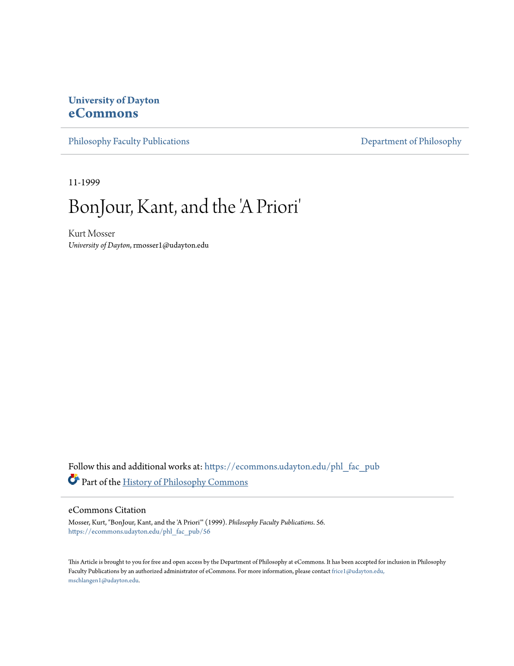 Bonjour, Kant, and the 'A Priori' Kurt Mosser University of Dayton, Rmosser1@Udayton.Edu