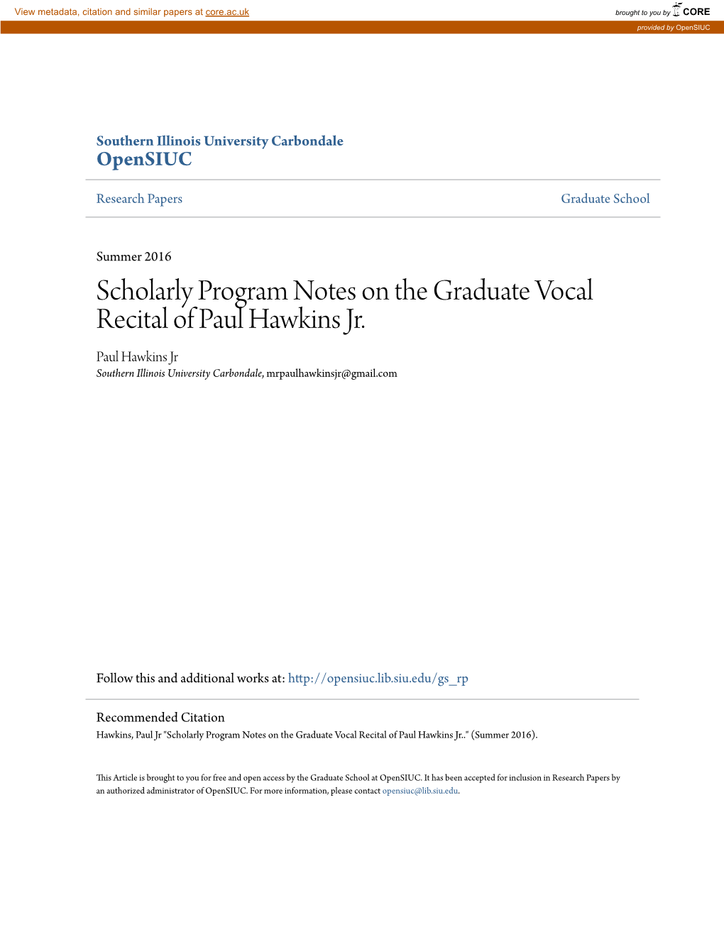 Scholarly Program Notes on the Graduate Vocal Recital of Paul Hawkins Jr