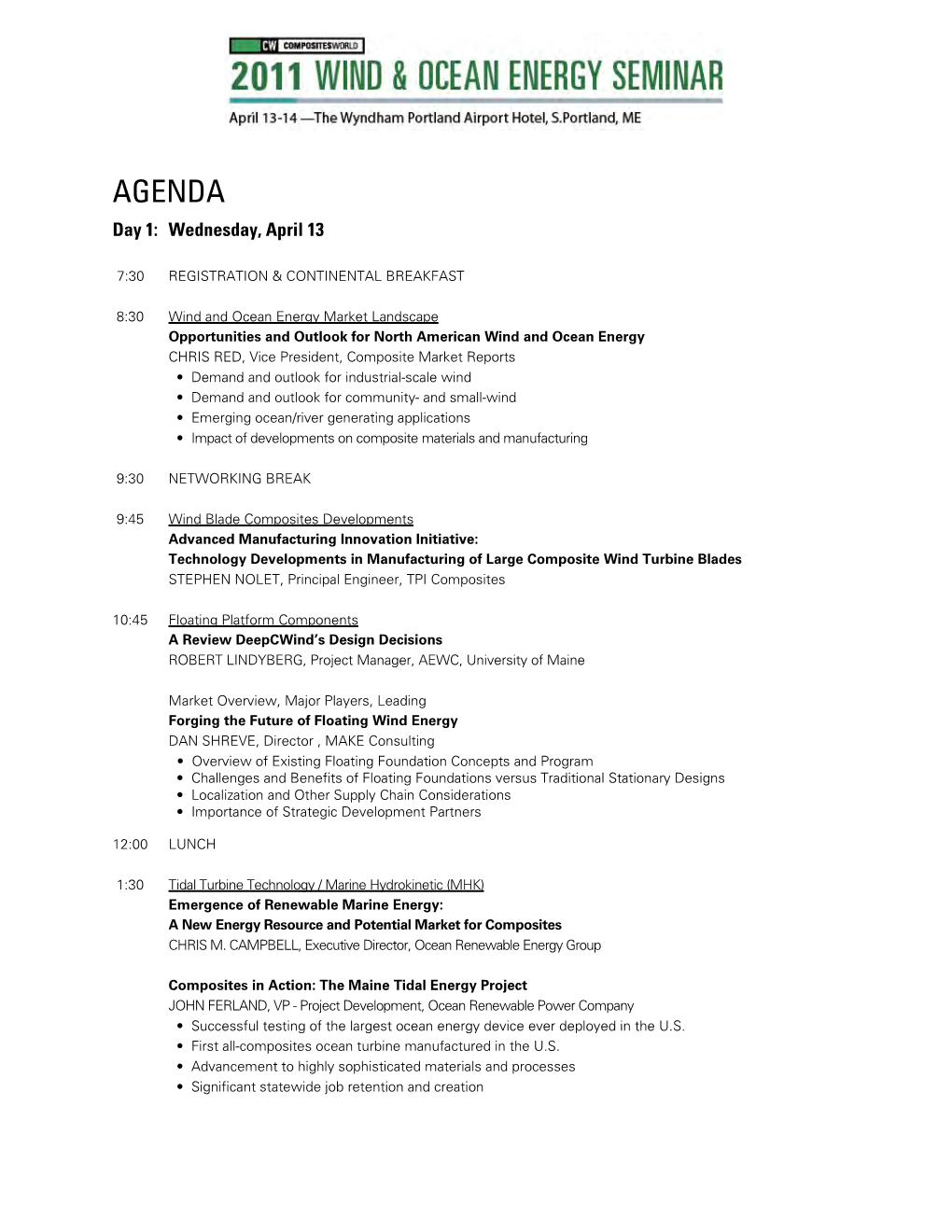 AGENDA Day 1: Wednesday, April 13